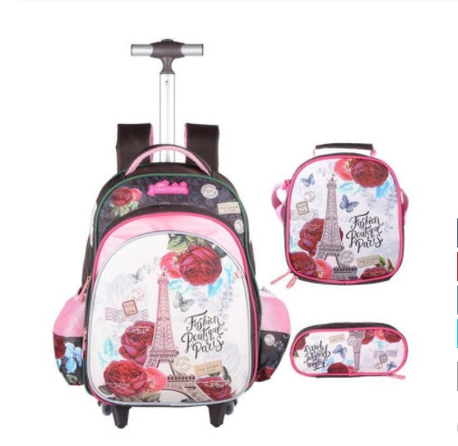 Pink Eiffel Tower rolling backpack with matching lunchbox and pencil case, Paris fashion theme