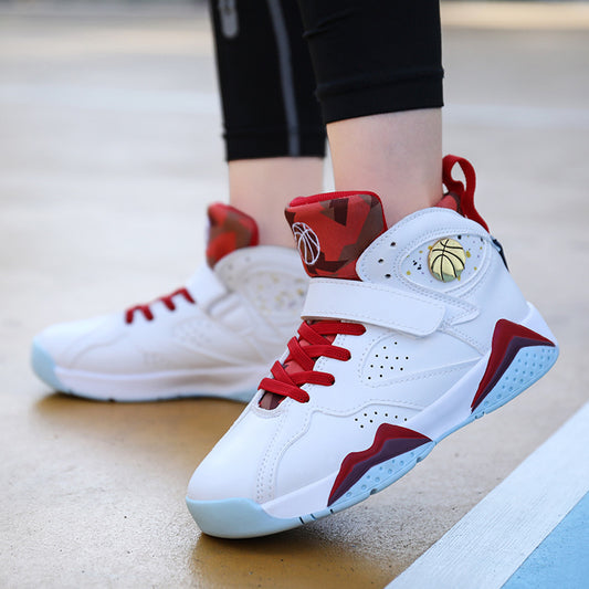 White high-top basketball sneakers with red laces and gold basketball emblem, ideal for sports and streetwear fashion.