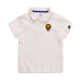 Cream kids polo shirt with lion graphic, blue collar trim, size 90 — perfect for casual wear or school