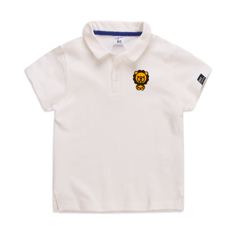 Cream kids polo shirt with lion graphic, blue collar trim, size 90 — perfect for casual wear or school
