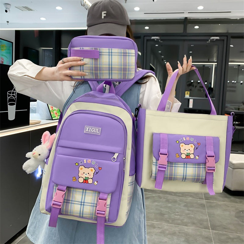 Purple XIGUL backpack with cute bear design, plaid pocket, and matching tote bag for school or travel
