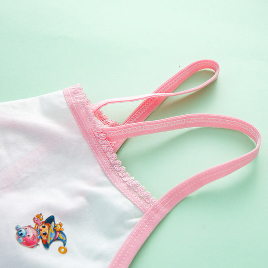 Pink strap kids tank top with cartoon print, soft cotton children's clothing