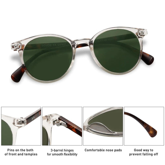 SOJOS Vintage Round Polarized Shades UV400 - Clear/Green - MANDOTOS