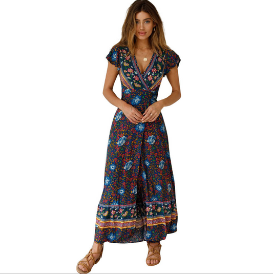 Boho floral maxi dress with V-neck and short sleeves, perfect for summer fashion