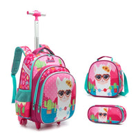 Pink llama-themed kids rolling backpack with matching lunchbox and pencil case, perfect for school
