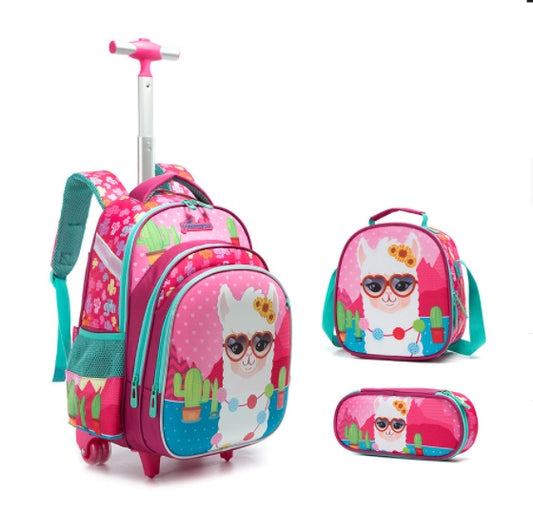Pink llama-themed kids rolling backpack with matching lunchbox and pencil case, perfect for school