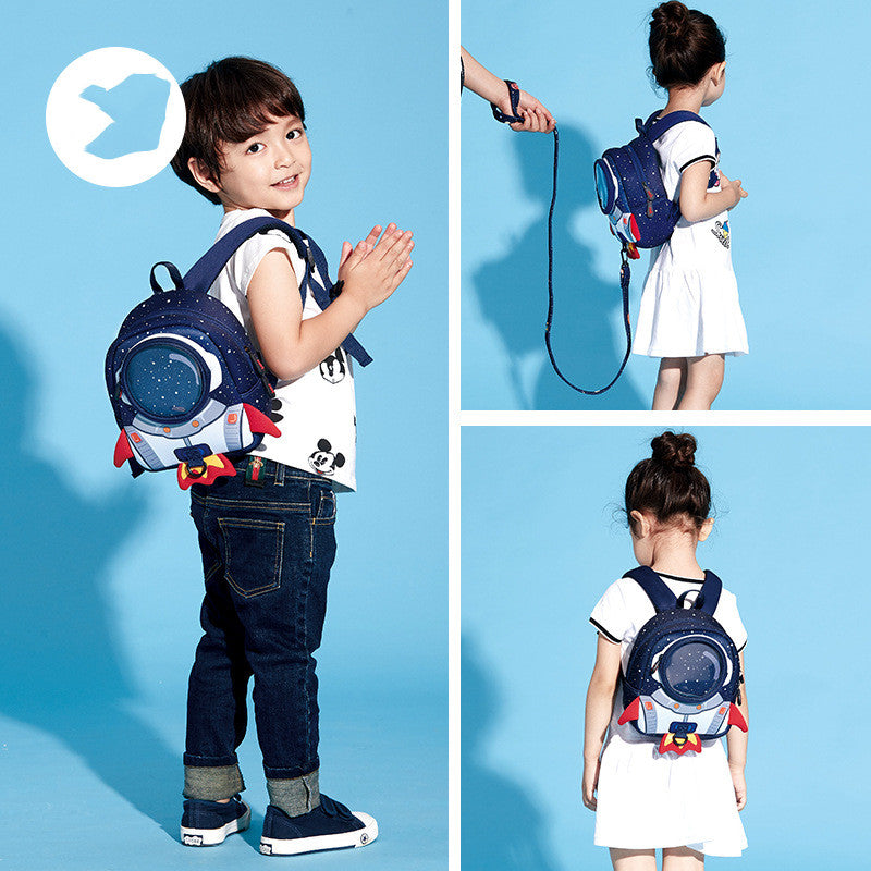Kids space-themed backpack with rocket design, perfect for preschoolers and toddlers