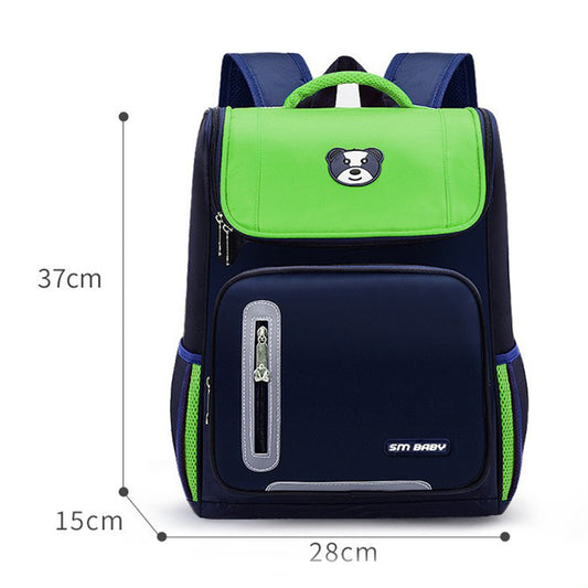 Green and navy kids school backpack with bear emblem, 37cm height, SM BABY brand