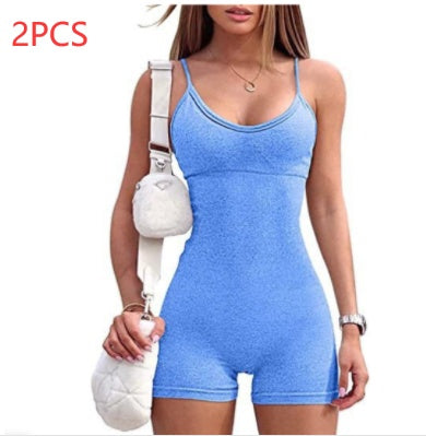 Spaghetti Strap Shorts Jumpsuit Sports Yoga Workout Tight Romper Women Fashion Fitness Sportwear - MANDOTOS