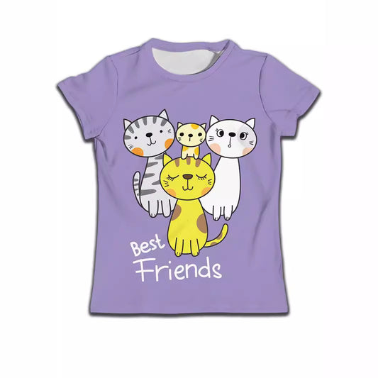 Purple kids t-shirt with cute cartoon cats and 'Best Friends' text, perfect for children's fashion