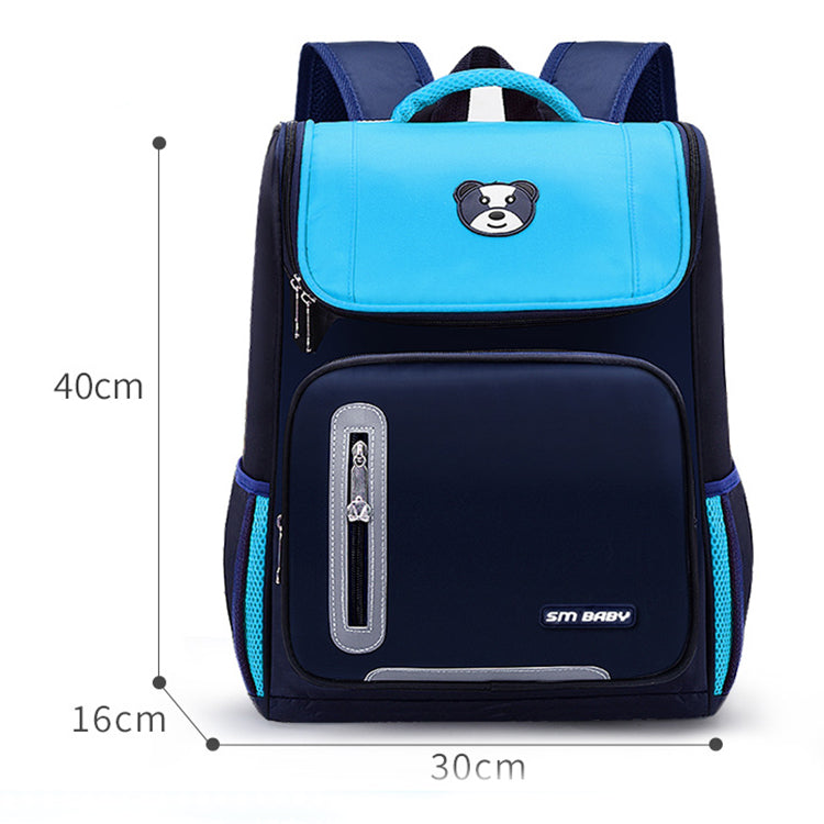 Blue and navy kids backpack with bear emblem, 40cm height, SM BABY brand, school bag with side pockets