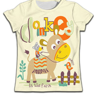 Kids t-shirt with cute donkey and mouse farm design, colorful print, 'Hello in the farm'