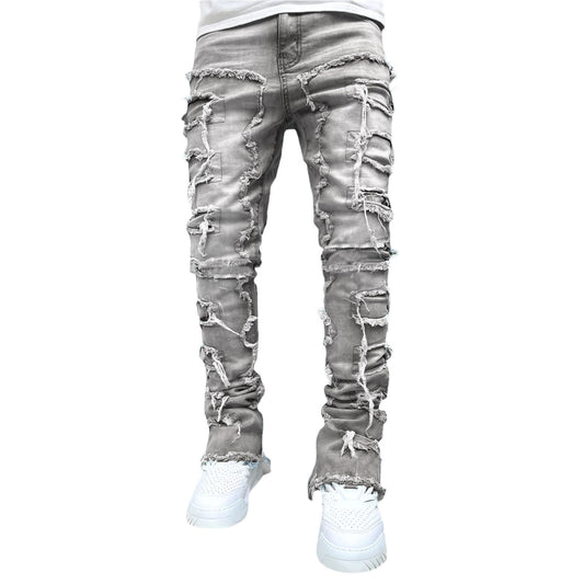 Men's Stacked Jeans - Individual Patched, Long Tight Fit Trousers for Bold Style