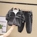 Kids denim jacket and pants set, gray wash, half-zip top with 'BLITEROVE' print, elastic cuffs and waist
