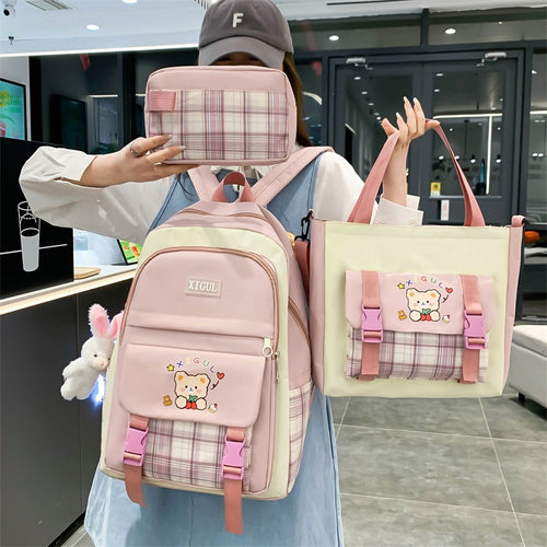 Pink plaid XIGUL backpack with cute bear design, matching tote bag and pouch, ideal for school or travel