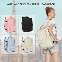 Airplane friendly travel backpack in pink, black, blue, beige — perfect for women's fashion travel gear