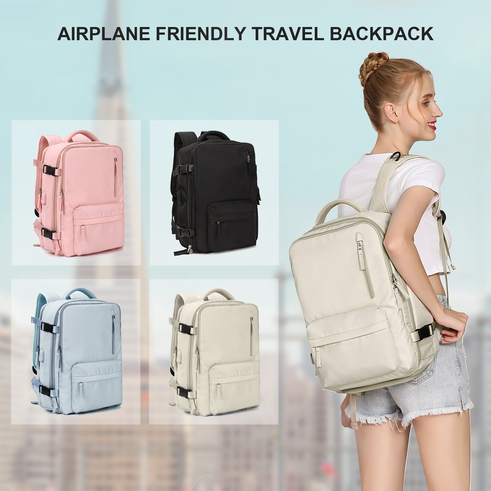 Airplane friendly travel backpack in pink, black, blue, beige — perfect for women's fashion travel gear