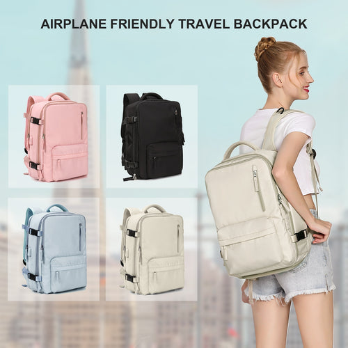 Airplane friendly travel backpack in pink, black, blue, beige — perfect for women's fashion travel gear