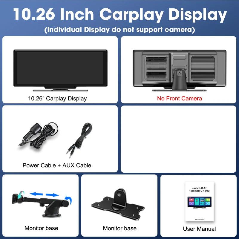 10.26'' Dash Cam 4K Car Mirror Video Player Wireless Carplay Android Auto GPS Car Monitor Multimedia Rearview Camera Dashboard - MANDOTOS