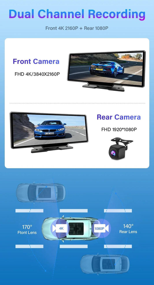 10.26'' Dash Cam 4K Car Mirror Video Player Wireless Carplay Android Auto GPS Car Monitor Multimedia Rearview Camera Dashboard - MANDOTOS