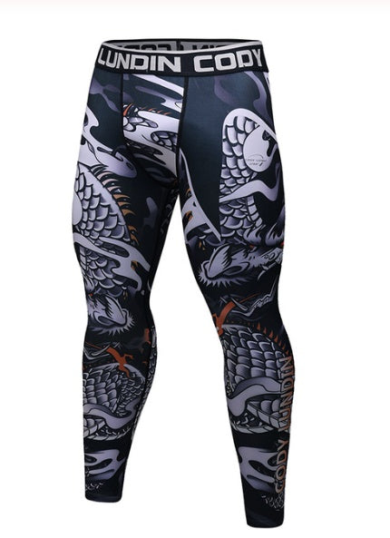 Lundin Cody dragon-print compression leggings for men, athletic wear with bold graphic design