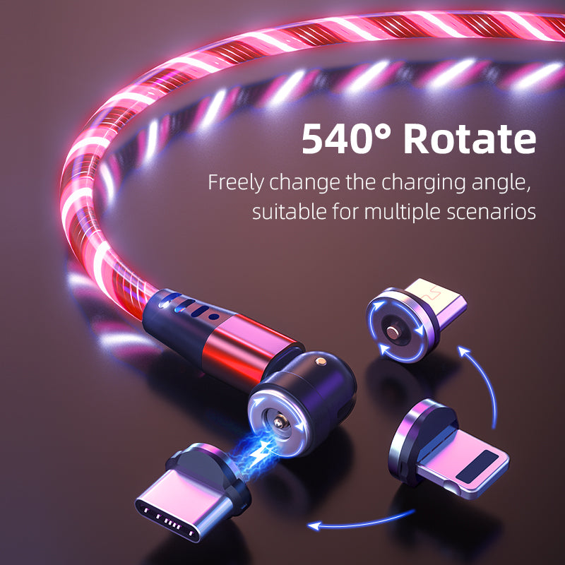 540° rotating USB charging cable with glowing LED light, flexible for multiple devices and angles