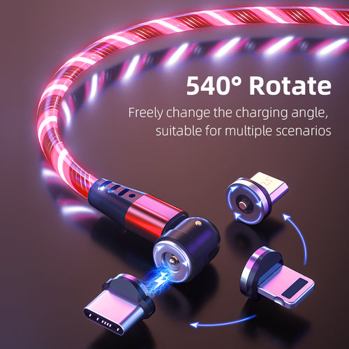540° rotating USB charging cable with glowing LED light, flexible for multiple devices and angles
