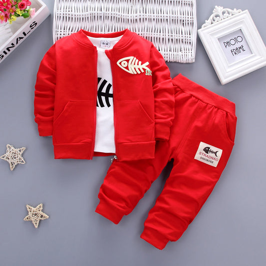 Red kids tracksuit with fish bone print, cozy jacket and pants set for toddlers