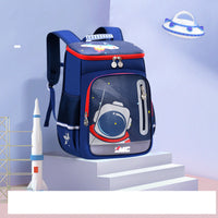 Blue kids backpack with astronaut design, space theme, rocket and UFO decor, perfect for school or travel