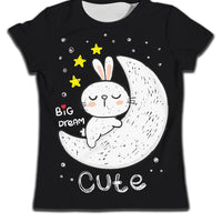 Cute black T-shirt with bunny on moon, stars, and 'Big Dream' text