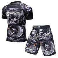 Dragon print athletic shirt and shorts set for men, sporty gym wear with bold graphic design