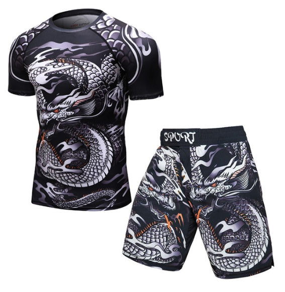 Dragon print athletic shirt and shorts set for men, sporty gym wear with bold graphic design