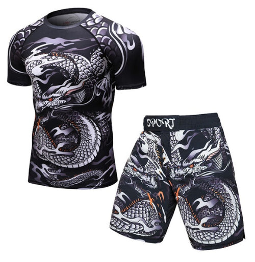 Dragon print athletic shirt and shorts set for men, sporty gym wear with bold graphic design