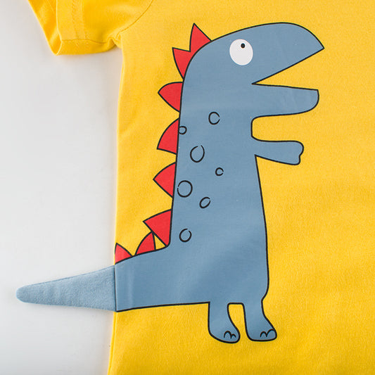 Yellow kids t-shirt with blue dinosaur graphic, red spikes, playful design for children's fashion