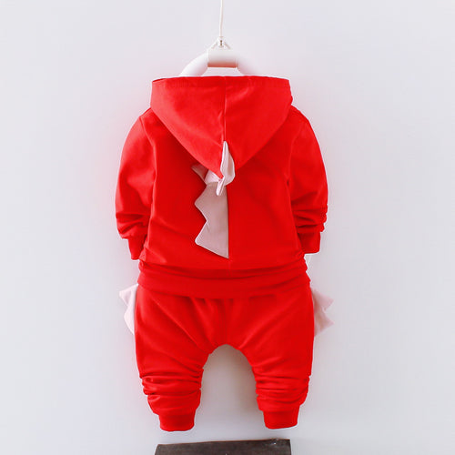 Red baby dinosaur costume with hood and tail, perfect for playful outfits and themed events.