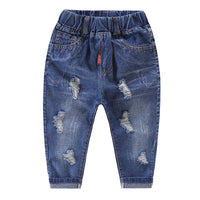 Kids' distressed denim jeans with ripped details, elastic waist, and cuffed hems for casual fashion wear