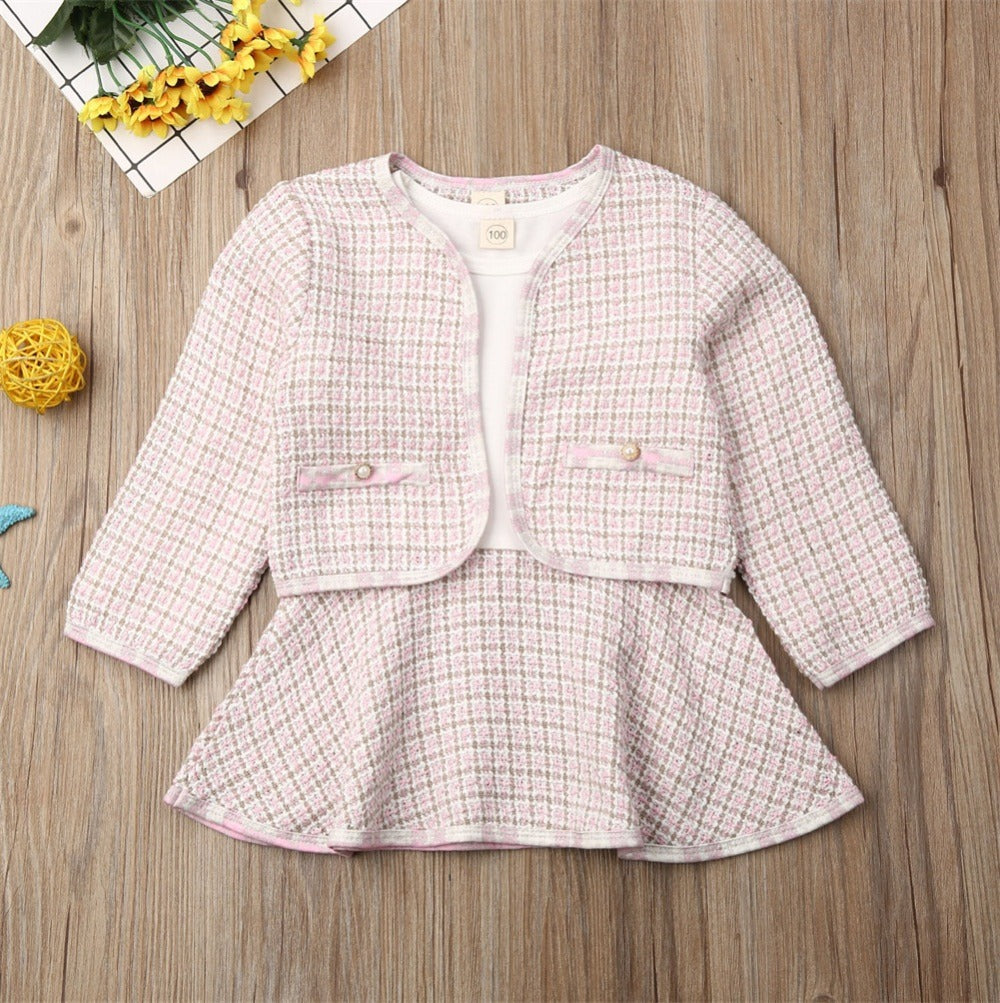 Pink plaid toddler jacket and skirt set with gold buttons, stylish baby fashion outfit