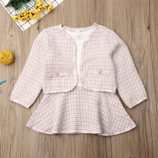 Pink plaid toddler jacket and skirt set with gold buttons, stylish baby fashion outfit