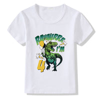 White kids t-shirt with green dinosaur graphic, 'RAWWRRR I'M 4' text, and birthday balloons for birthday party