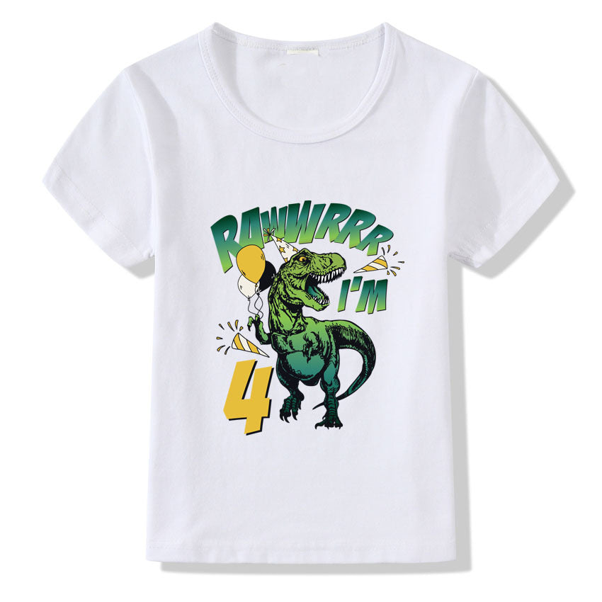 White kids t-shirt with green dinosaur graphic, 'RAWWRRR I'M 4' text, and birthday balloons for birthday party