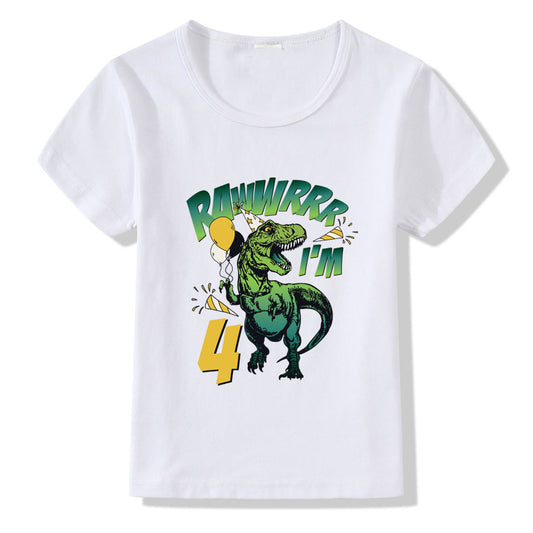 White kids t-shirt with green dinosaur graphic, 'RAWWRRR I'M 4' text, and birthday balloons for birthday party