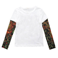 White long sleeve tee with vibrant tiger and floral print sleeves, stylish fashion top
