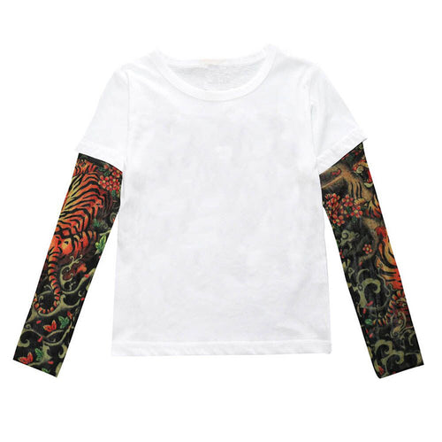 White long sleeve tee with vibrant tiger and floral print sleeves, stylish fashion top