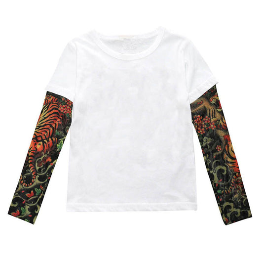 White long sleeve tee with vibrant tiger and floral print sleeves, stylish fashion top