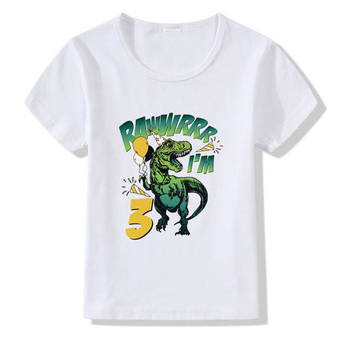 White kids t-shirt with green dinosaur graphic saying 'RAWWRRR I'm 3' for birthday party