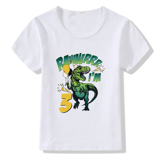 White kids t-shirt with green dinosaur graphic saying 'RAWWRRR I'm 3' for birthday party