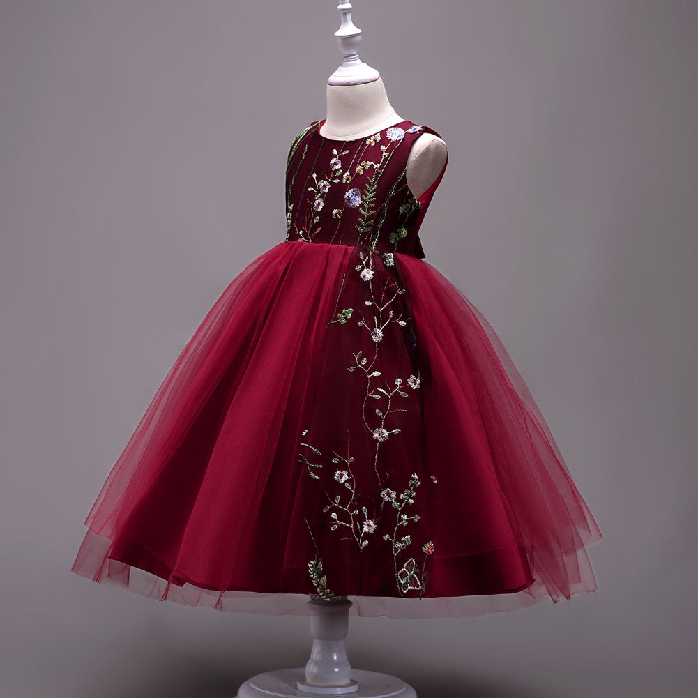 Burgundy floral embroidered tulle dress for girls, perfect for parties and special occasions