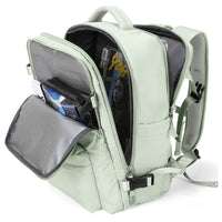 Light green waterproof backpack with multiple compartments, ideal for travel, school, or daily use