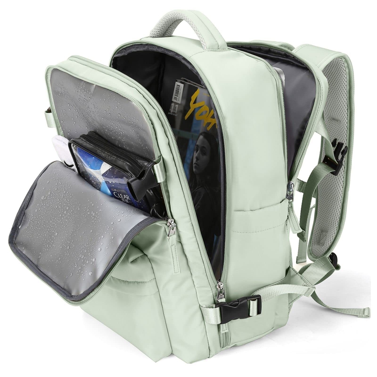 Light green waterproof backpack with multiple compartments, ideal for travel, school, or daily use