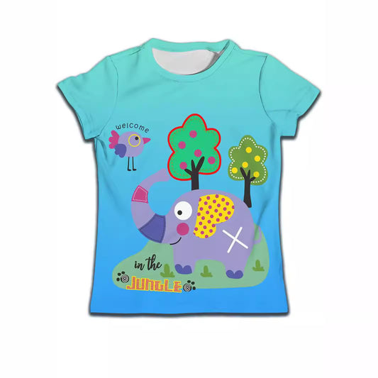 Kids' blue t-shirt with cute elephant, jungle trees, and 'welcome in the JUNGLE' print for playful fashion